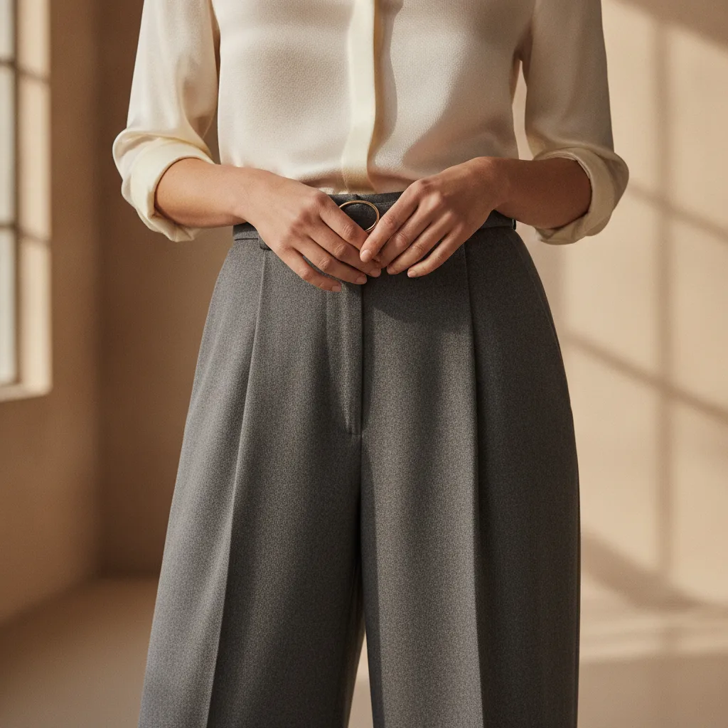 Ivory silk blouse tucked into wide-leg charcoal trousers