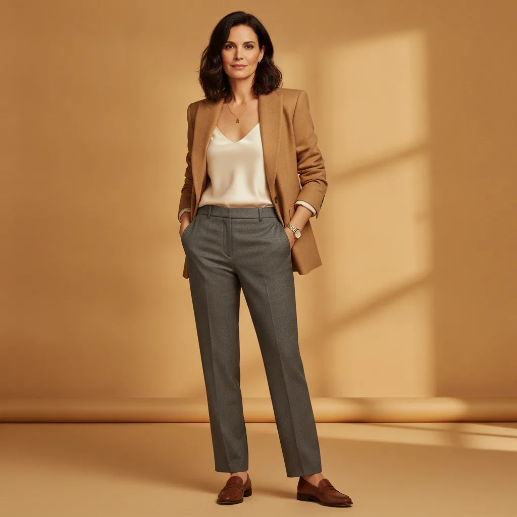 Office-ready: camel blazer, ivory camisole, straight leg trousers
