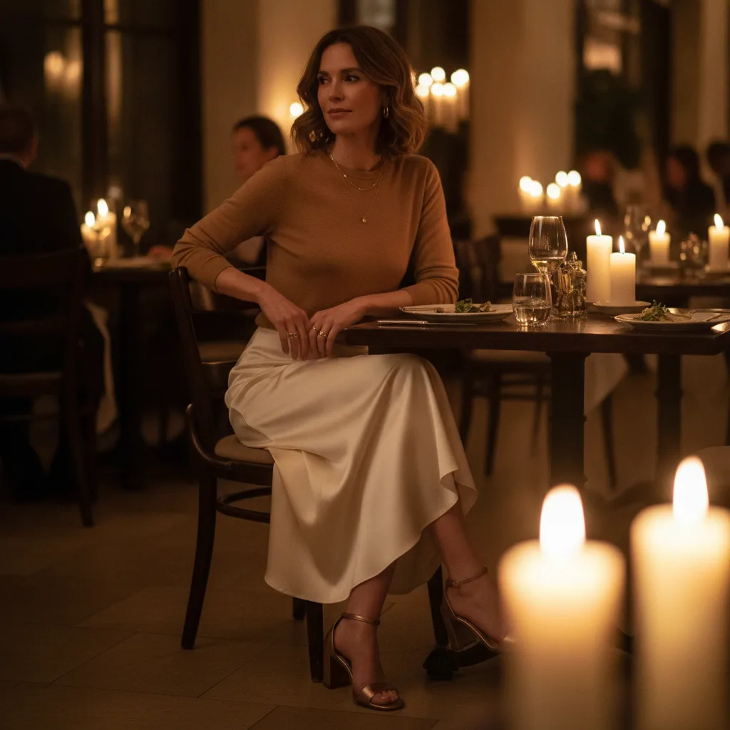 Evening out: silk midi skirt, tucked knit, block heel