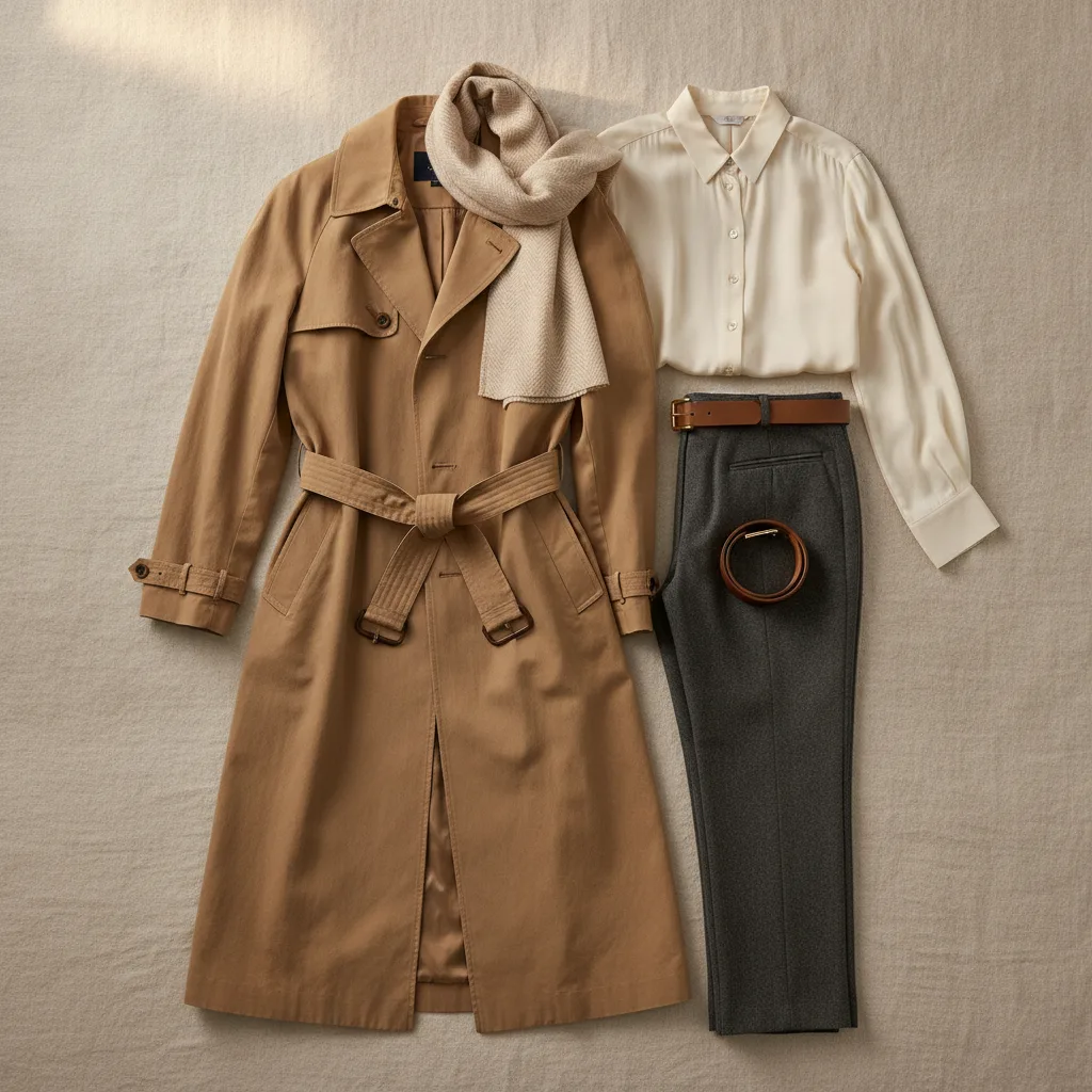 Neutral toned wardrobe flat lay — camel coat, ivory silk, tailored trousers
